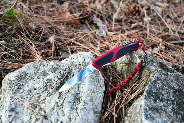 Folding knife cutting stainless blade red black handle para cord lanyard brown dry grass gray stone nature macro background