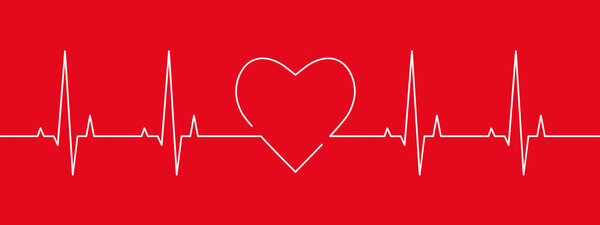 Heartbeat and heart rate line concept. Vector illustration on red background, banner, header.