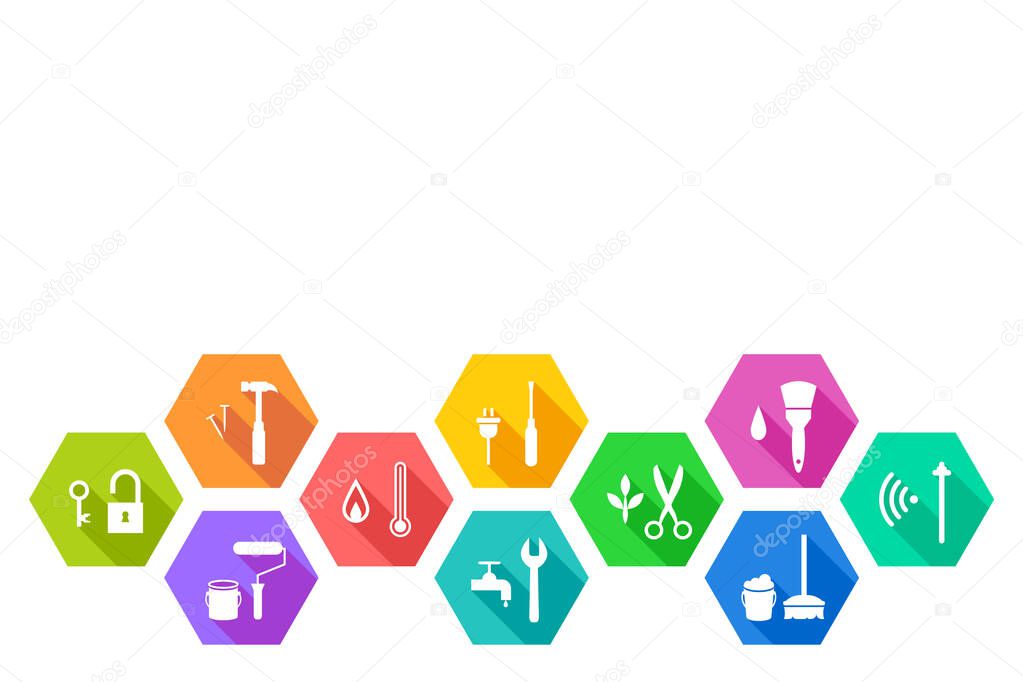 Facility and facilities management, maintenance, repair, renovation concept with work tool icon set and blank copy space
