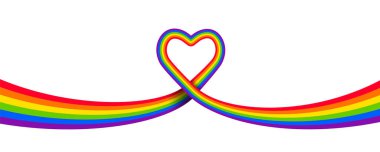 Renkli gökkuşağı bayrağı LGBTQ + topluluk ve aşk konsepti şeklinde bir kalp şekli oluşturuyor. Sancak, başlık ve tasarım ögesi beyaz arkaplanda izole edildi.