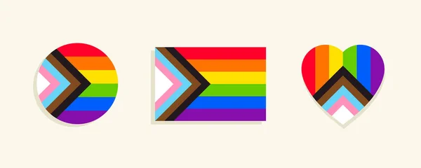 Kalp ve çember tasarım elementleriyle ilerleme gururu bayrağı. Özel gökkuşağı bayrağı sembolü: LGBTQ +, transgender insanlar için siyah ve kahverengi renkli, pembe ve açık mavi toplulukları temsil eden.