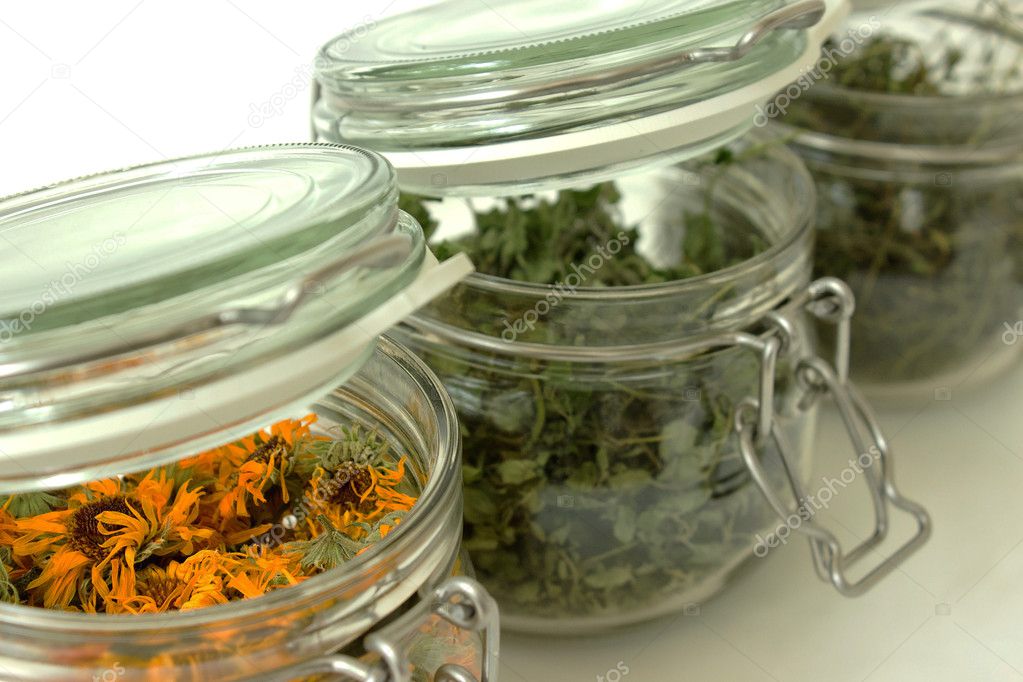 Herbs in Glass Botltles