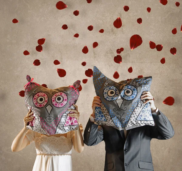 Bride and Bridegroom with Owl Pillows in Front of Faces and Falling Rosepetals