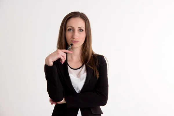 Serious Business Woman is Thinking with Pen Isolated on White B — Stock Photo, Image