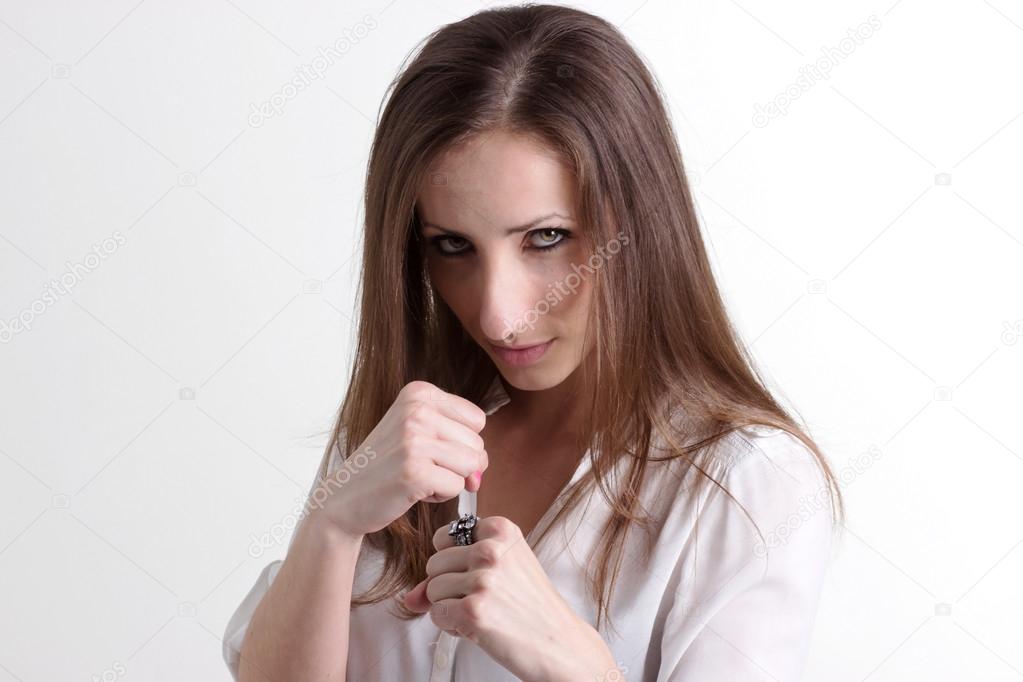 Woman in Fighting Position Isolated on White Background