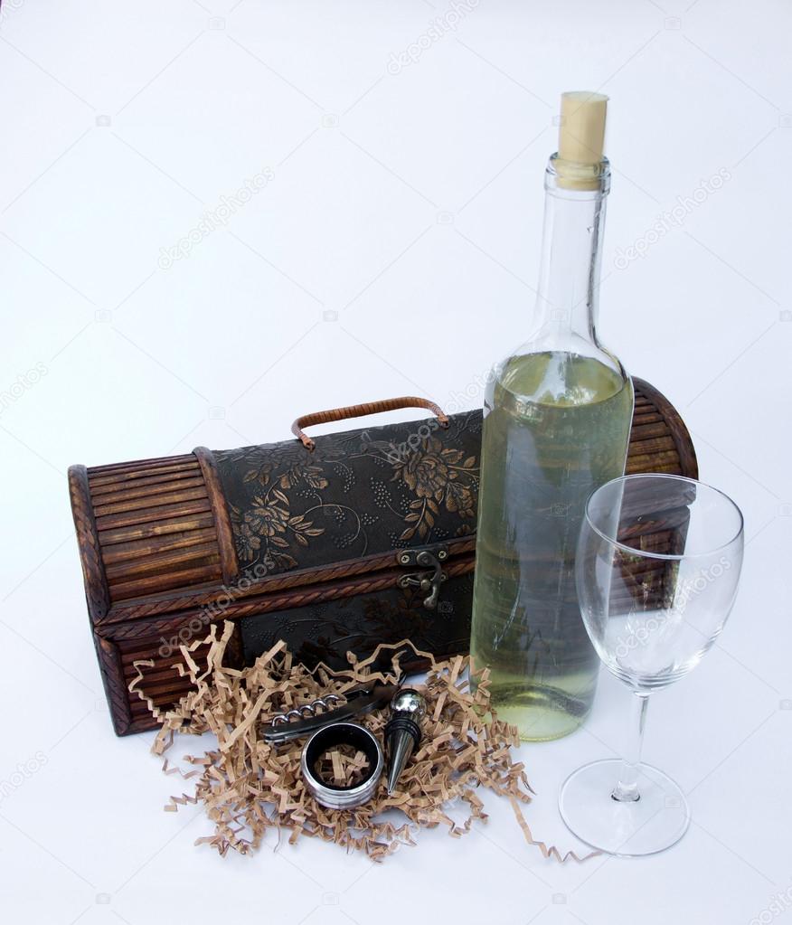 Decorative Wooden Vine Hutch with Bottle of White Vine and Vine 