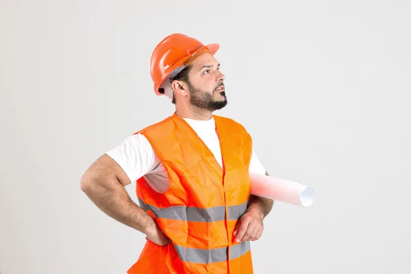 Construction Worker with Building Plans — Stock Photo, Image
