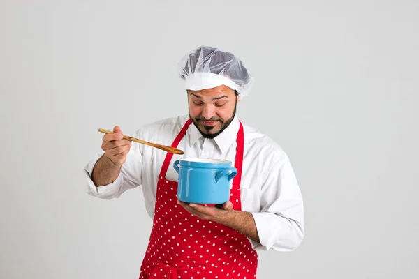 Happy Cooker is Tasting Soup — Stock Photo, Image