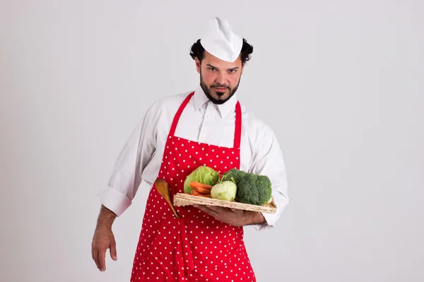 Italian Head cook Holds a Tray with Vegetables — Stock Photo, Image
