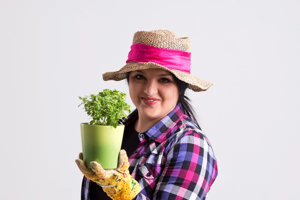 Femme fiable dans les vêtements de jardinage tient une plante verte — Photo