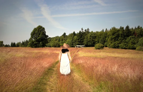 Donna cammina sul campo verso Cottage — Foto Stock