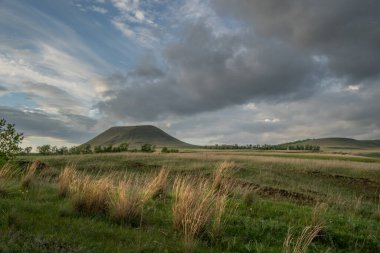 Dramatik bir gökyüzünde ender ağaçlarla kaplı tepe manzarası.