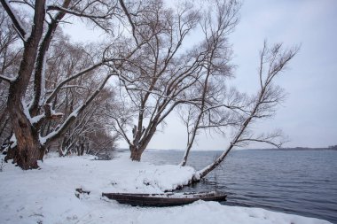 Kışın ağaçlarla çevrili bir kar yığınında kıyıda eski bir tekne. Göldeki su henüz donmadı.