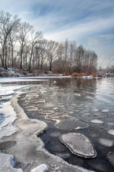 Nezmrzlá Řeka Zimě Kusy Ledu Vznášejí Vodě Břehu Stromy Pozadí — Stock fotografie
