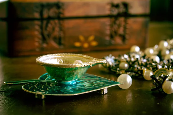 Diya Made Out Silver Metal Which Common Pooja Item Found — Stock Photo, Image
