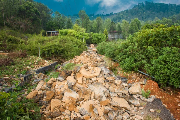 Rocks Laid Construct Foundation New Road Hilly Region Construction Work — Foto Stock