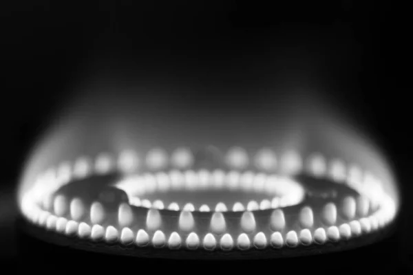 Lángok Egy Háztartási Gáztűzhely Égő Monokróm — Stock Fotó