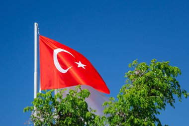 Türkiye bayrağı. Bayrak direğinde mavi gökyüzüne karşı Türk bayrağı. Beyaz yıldız ve hilal ile kırmızı bayrak. Sıklıkla 