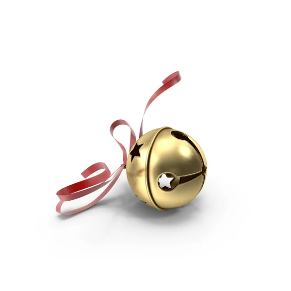 带有红丝带的金黄色现实主义金属铃铛 圣诞宴会请柬 白色背景的节庆系列 图库图片