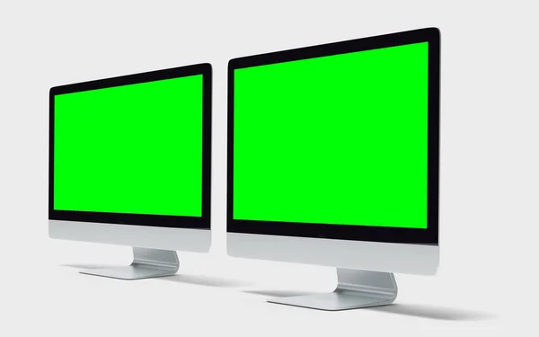 Apple Imac Computer Edges Silver Color Green Screen Mockup Global — стоковое фото