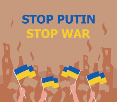Savaşa hayır de. Dur Putin. Savaşı durdurun. Ukrayna 'da barışın resmi. Mahvolmuş şehir geçmişi. Ukrayna poster konseptinde savaş ve askeri saldırıyı durdurun