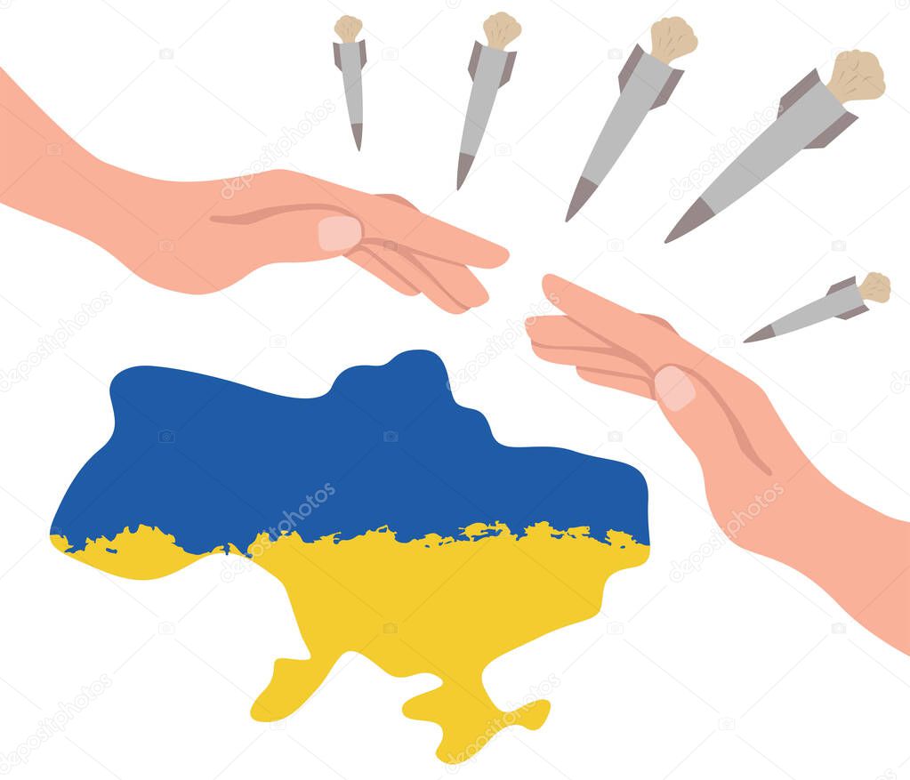 Stop war in Ukraine. Illustration of peace in Ukraine. Protection from Russian invaders, bombs, terrorism. Stop war and military attack in Ukraine poster concept