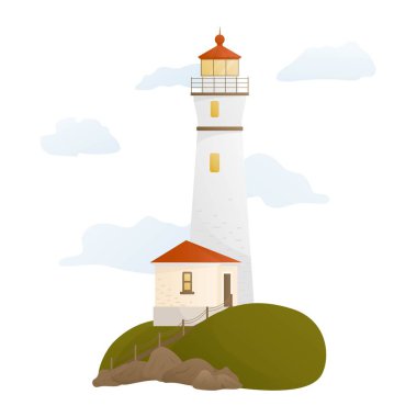 Çizgi film tarzında deniz kenarının vektör çizimi. Tepesinde deniz feneri olan deniz simgesi. Beyaz arkaplanda izole.
