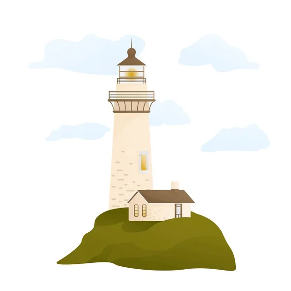 Vector Illustration Seacoast Flat Cartoon Style Nautical Icon Lighthouse Hill — Vetor de Stock