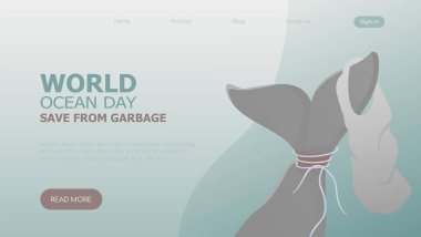Dünya okyanus günü. Çöpten kurtar. Dünya günü. Web sitesi için plastik kaplı balina hikayesi, iniş sayfası. Düz vektör çizimi. Doğa ile ilgilenin ve çöp posteri kavramından doğayı temizleyin.