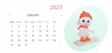 Çin Yeni Yıl 2023 posterinin sembolü. Ocak ayı için yatay masaüstü takvim tasarım şablonu. Tavşan snowboardcusu ile kış entrikası. Zodyak işaretli takvim. Hafta pazar günü başlıyor..