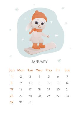 Çin Yeni Yıl 2023 posterinin sembolü. Ocak ayı için duvar takvimi tasarım şablonu. Tavşan snowboardçuyla kış oyunu. Zodyak işaretli takvim. Hafta pazar günü başlıyor.
