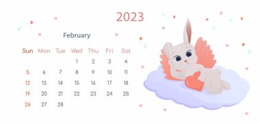 Çin Yeni Yıl 2023 posterinin sembolü. Şubat ayı için yatay masaüstü takvim tasarım şablonu. Sevgililer Günü tavşanı ile kış planı. Zodyak işaretli takvim. Hafta pazar günü başlıyor..