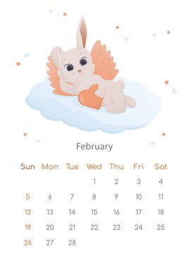 Çin Yeni Yıl 2023 posterinin sembolü. Şubat ayı için duvar takvimi tasarım şablonu. Sevgililer Günü tavşanı ile kış planı. Zodyak işaretli takvim. Hafta pazar günü başlıyor.