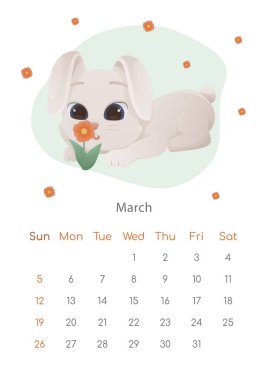 Çin Yeni Yıl 2023 posterinin sembolü. Mart ayı için duvar takvimi tasarım şablonu. Tavşan ve çiçekli bahar arsası. Zodyak işaretli takvim. Hafta pazar günü başlıyor.