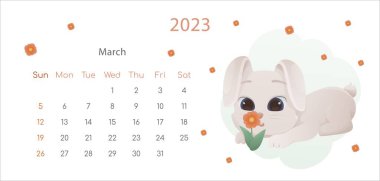 Çin Yeni Yıl 2023 posterinin sembolü. Mart ayı için yatay masaüstü takvim tasarım şablonu. Tavşan ve çiçekli bahar arsası. Zodyak işaretli takvim. Hafta pazar günü başlıyor..
