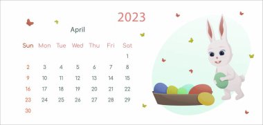 Çin Yeni Yıl 2023 posterinin sembolü. Nisan ayı için yatay masaüstü takvim tasarım şablonu. Paskalya tavşanı ile baharda. Zodyak işaretli takvim. Hafta pazar günü başlıyor..