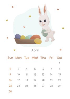 Çin Yeni Yıl 2023 posterinin sembolü. Nisan ayı için duvar takvimi tasarım şablonu. Paskalya tavşanı ile baharda. Zodyak işaretli takvim. Hafta pazar günü başlıyor.