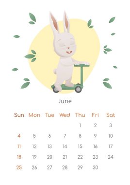 Çin Yeni Yıl 2023 posterinin sembolü. Haziran ayı için duvar takvimi tasarım şablonu. Motosikletli çocuk tavşanla yaz oyunu. Zodyak işaretli takvim. Hafta pazar günü başlıyor.
