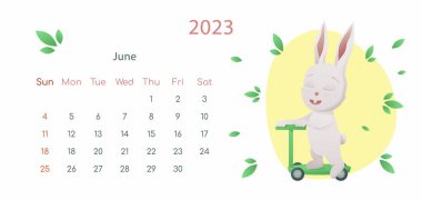 Çin Yeni Yıl 2023 posterinin sembolü. Haziran için yatay masaüstü takvim tasarım şablonu. Scooterlı çocuk tavşanla yaz entrikası. Zodyak işaretli takvim. Hafta pazar günü başlıyor..