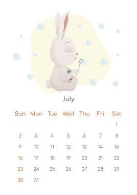 Çin Yeni Yıl 2023 posterinin sembolü. Temmuz ayı için duvar takvimi tasarım şablonu. Balon üfleyicili çocuk tavşanla yaz oyunu. Zodyak işaretli takvim. Hafta pazar günü başlıyor.