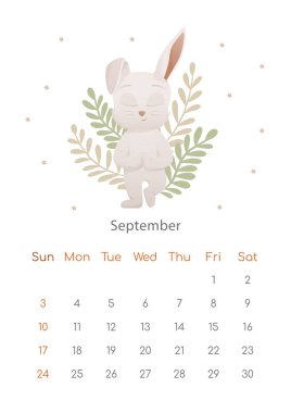Çin Yeni Yıl 2023 posterinin sembolü. Eylül ayı için duvar takvimi tasarım şablonu. Sonbahar entrikası, meditasyon yapan tavşan yogi. Zodyak işaretli takvim. Hafta pazar günü başlıyor.