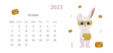 Çin Yeni Yıl 2023 posterinin sembolü. Ekim ayı için yatay masaüstü takvim tasarım şablonu. Cadılar Bayramı tavşanlı, mumlu, balkabaklı sonbahar entrikası. Zodyak işaretli takvim..