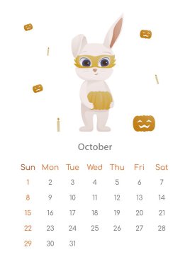 Çin Yeni Yıl 2023 posterinin sembolü. Ekim ayı için duvar takvimi tasarım şablonu. Cadılar Bayramı tavşanlı, mumlu ve balkabaklı bir sonbahar entrikası. Zodyak işaretli takvim. Hafta pazar günü başlıyor.
