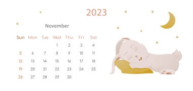 Çin Yeni Yıl 2023 posterinin sembolü. Kasım ayı için yatay masaüstü takvim tasarım şablonu. Uyuyan tavşanla sonbahar entrikası. Zodyak işaretli takvim. Hafta pazar günü başlıyor..