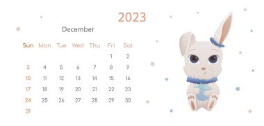 Çin Yeni Yılı 2023 'ün sembolü. Aralık ayı için yatay masaüstü takvim tasarım şablonu. Yılbaşı ve Noel tavşanı ile kış entrikası. Zodyak işaretli takvim. Hafta pazar günü başlıyor..