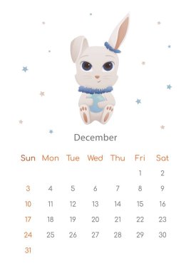 Çin Yeni Yıl 2023 posterinin sembolü. Aralık ayı için duvar takvimi tasarım şablonu. Yılbaşı ve Noel tavşanı ile kış entrikası. Zodyak işaretli takvim. Hafta pazar günü başlıyor.