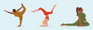 Farklı uyruktan üç kız yoga yapıyor. Vücut pozitifliği. Esnemek ve yoga asanas yapmak. Mavi arka planı olan renkli düz sanat eserleri. Yoga pozunun vektör çizimi.