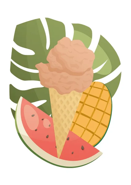 Illustrazione Vettoriale Gelato Rosa Cono Cialda Con Frutta Foglie Idea — Vettoriale Stock