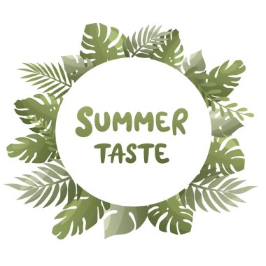 Yeşil yaprakların vektör çizimi ve poster, pankart, web sitesi, kartpostal ve tişört için harfler. Tatlı yiyecek nesneleri ve sembollerle dolu bir yaz tadıydı. Beyaz arkaplanda izole.