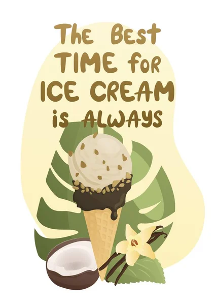 Postcard Ice Cream Coconut Vanilla Handwritten Lettering Best Time Ice — Stock Vector